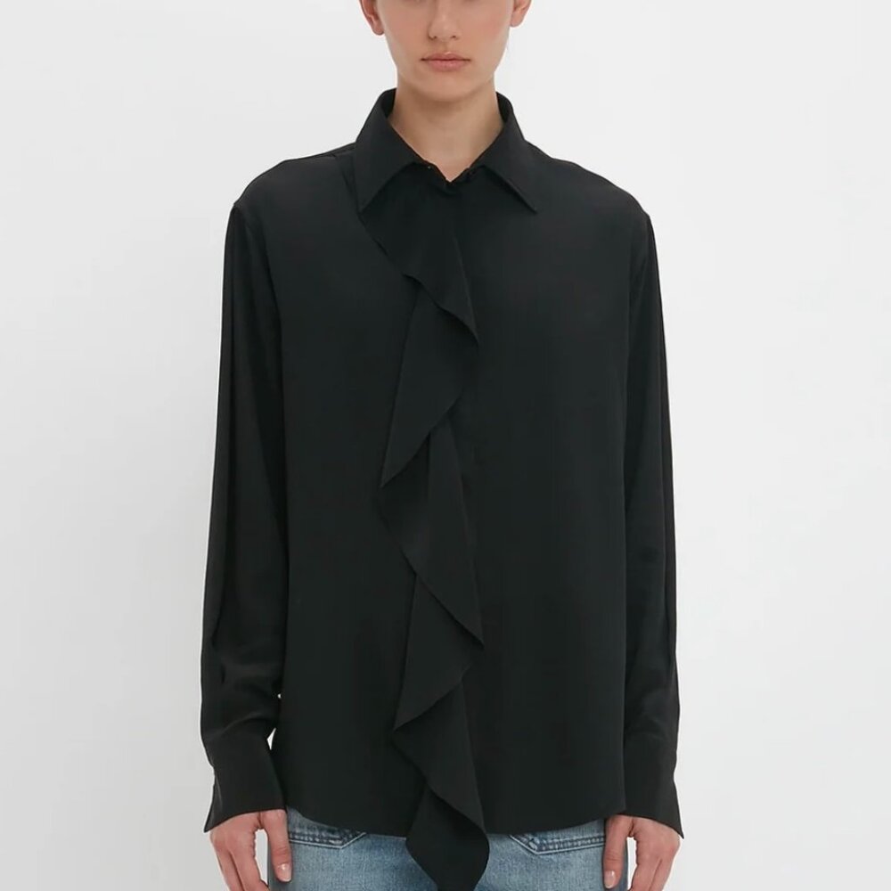 NWT Victoria Beckham Asymmetrical Black Silk Ruffle Blouse, with original box